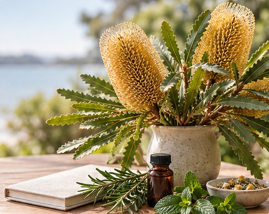 Golden Banksia flowers, herbs and an amber bottle on a sunlit table